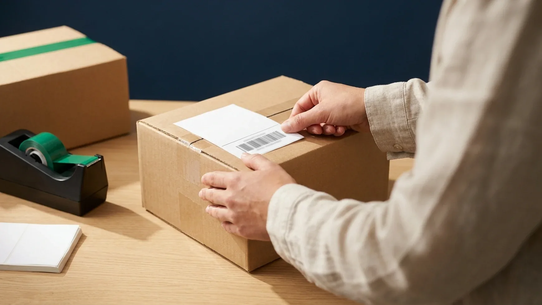 Unas manos colocan la etiqueta sobre una caja lista para enviar. Imagen ilustrativa.