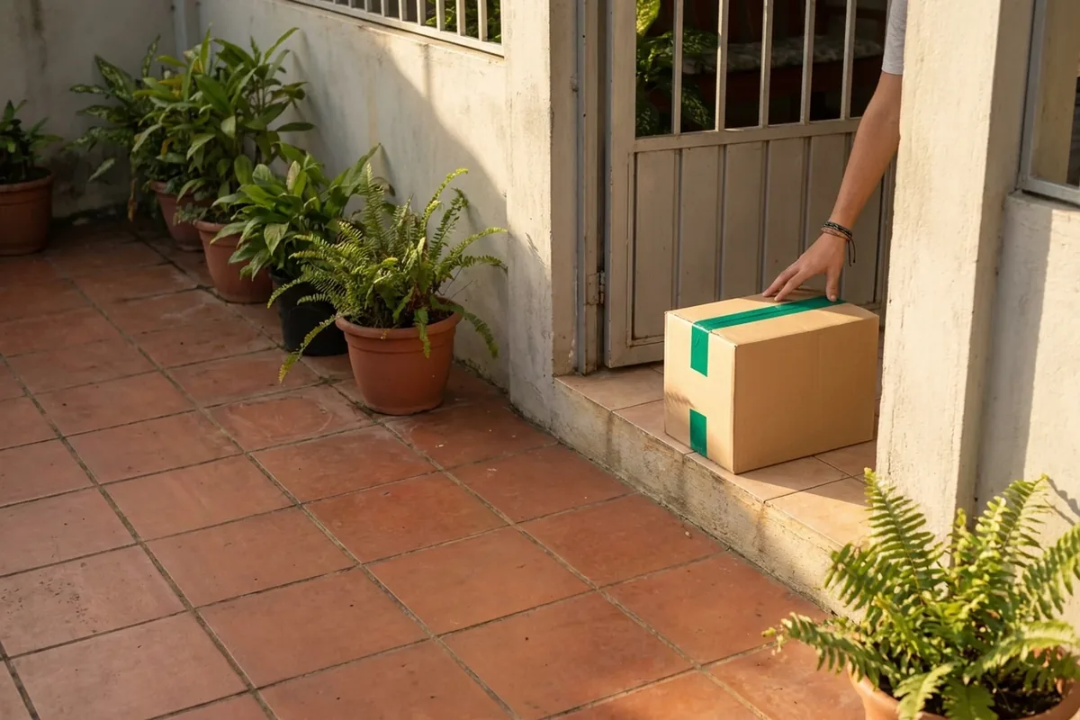 Una caja con cinta verde recién entregada en el umbral de una casa; una mano la recoge, junto a un corredor con macetas.