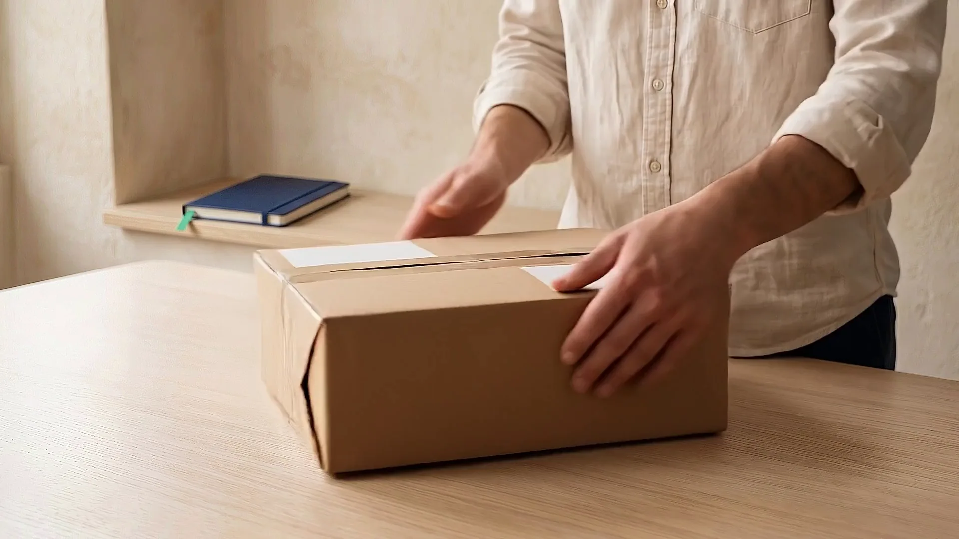 Manos revisando un paquete sobre una mesa de madera.